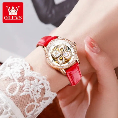 OLEVS Elegant Fashion Women's Watches Lucky Four-Leaf Clover Dial Original Brand Automatic Mechanical Wristwatch Ceramics Strap by All Mart Bristol Ltd