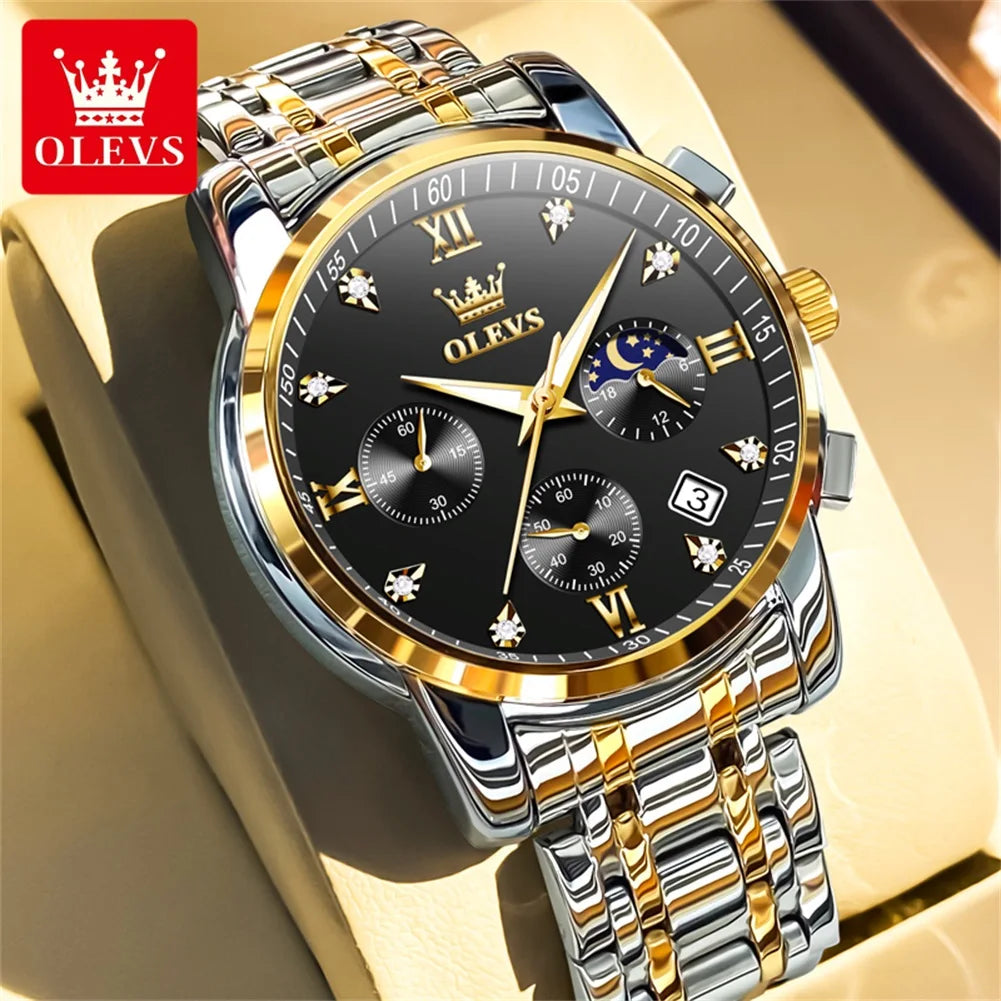 OLEVS Popular men's watches stainless steel black Moon Phase Chronograph quartz watch for man date Original brand wristwatch by All Mart Bristol Ltd
