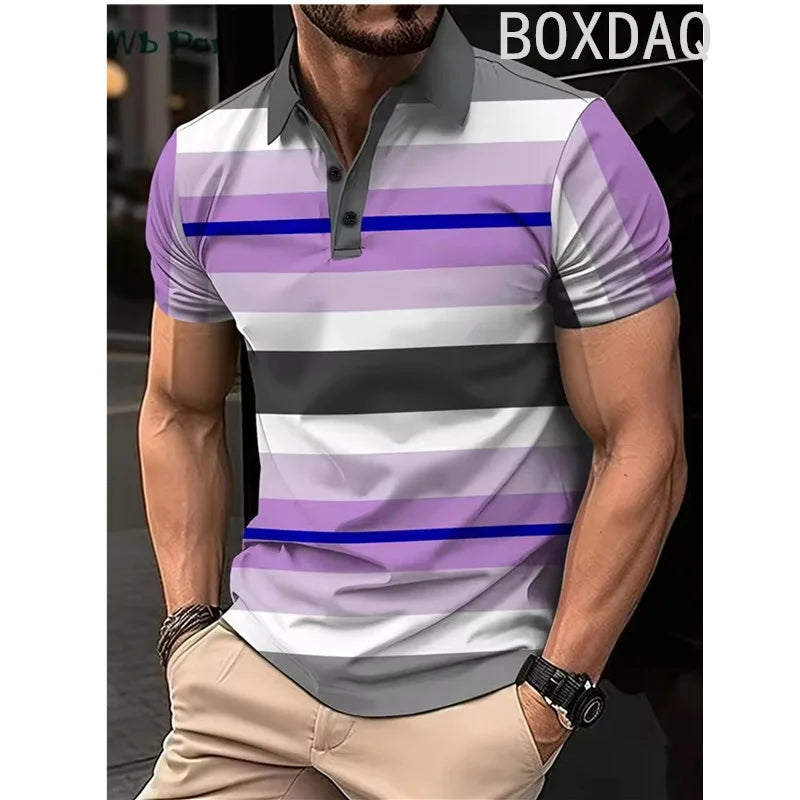 Classic Striped Print Polo Shirt Men's Business Casual Tops Simple Basic Polos Men Summer Big Size Short Sleeve Lapel Polo Shirt by All Mart Bristol Ltd