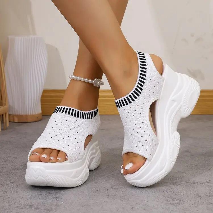 Summer New Thick-Soled Slip-On Flyknit Peep-Toe Sporty Sandals For Women by Dropshipman