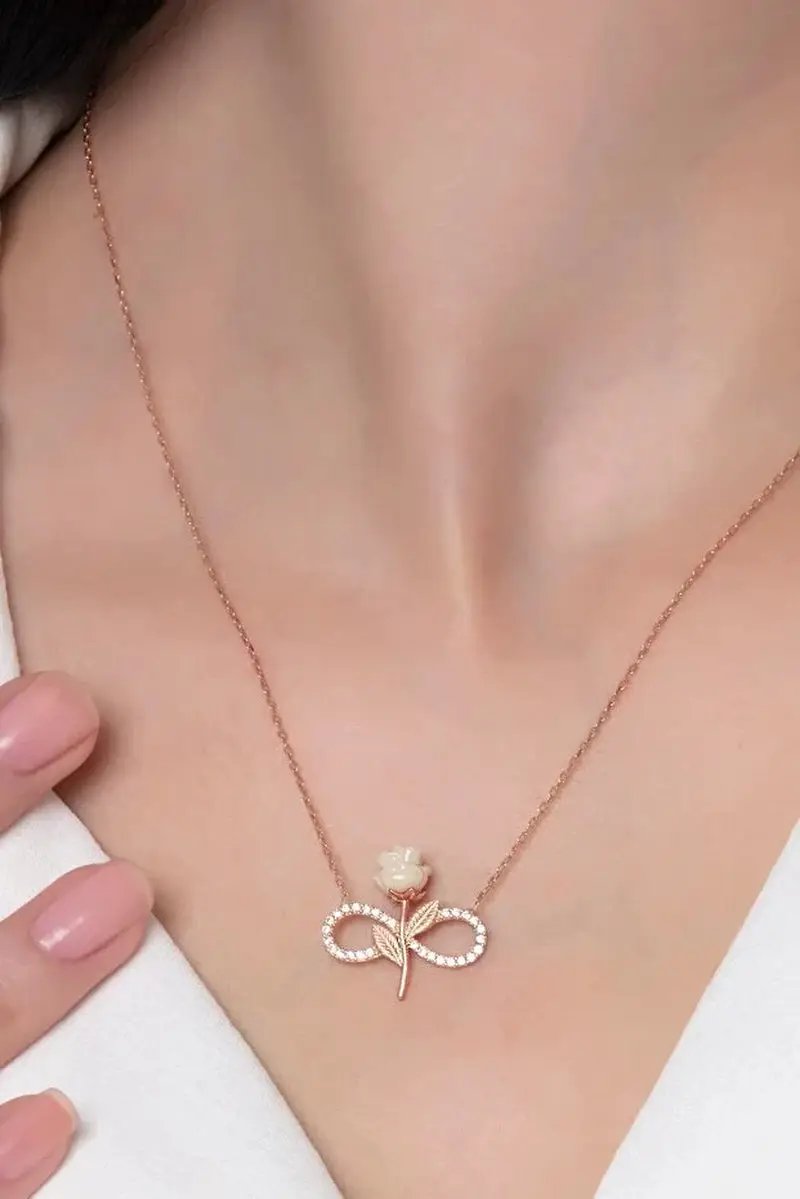 925 Sterling Silver Rose Gold Plated White Rose Infinity Necklace with Zircon Stone by All Mart Bristol Ltd