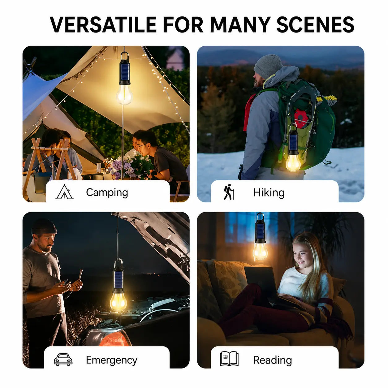 Solar LED Hanging Light, Portable Camping Lantern with Hook, USB Rechargeable & Solar Powered, Waterproof Outdoor Bulb with Warm LED Light, Adjustable Brightness for Hiking, Emergency, Tent, and Home Use