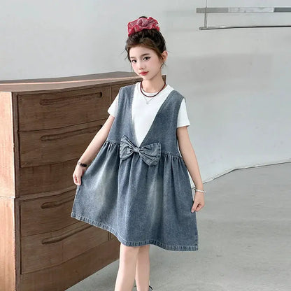 Kids Fashion Reversible Clothes Loose Fit Sleeveless Denim Vest Dress with Bow for Teens Girl Street Outfit Child Jeans Dress by All Mart Bristol Ltd