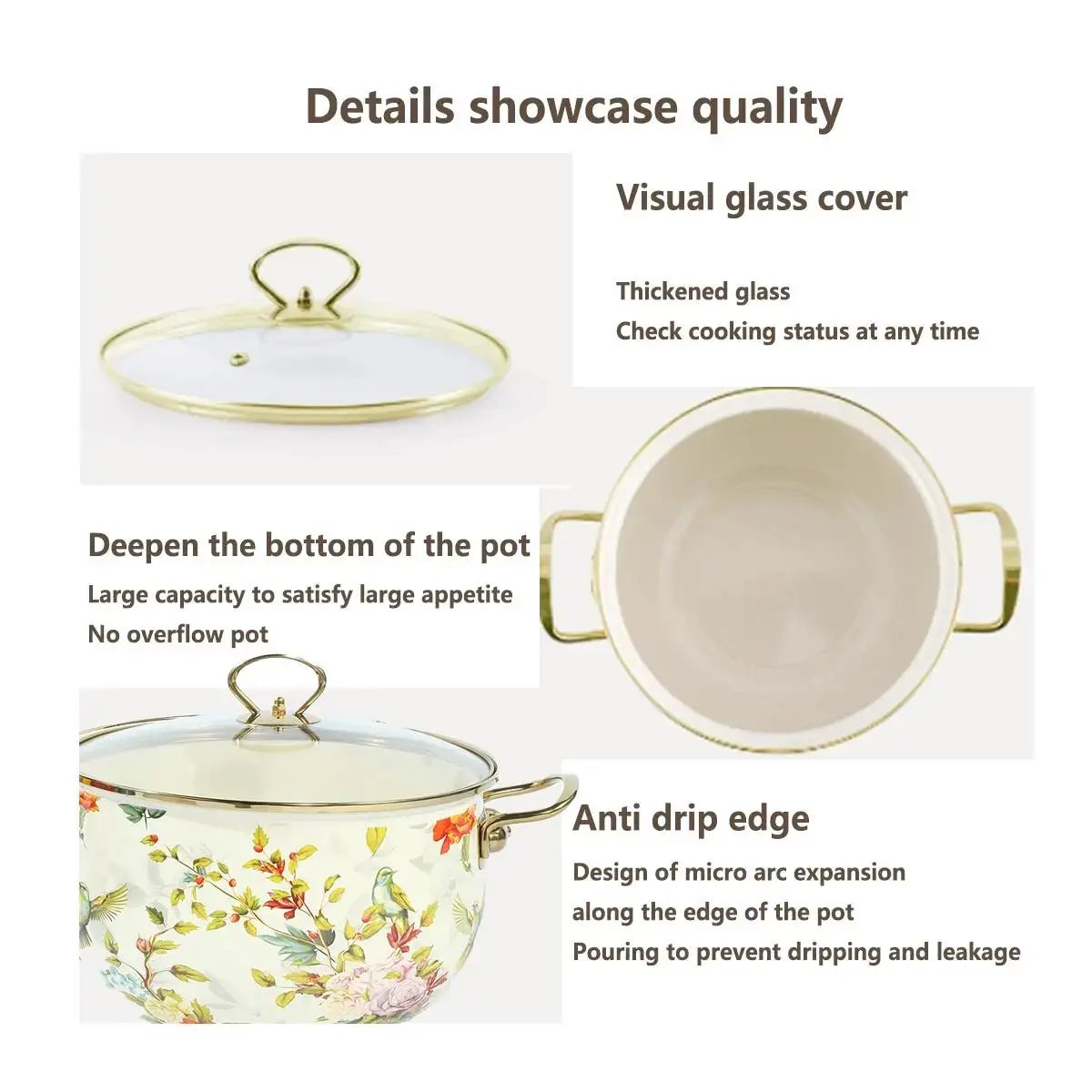 Floral Pattern Ceramic Stockpot, 1 Count Large Capacity Soup Pot Stew Pot with Glass Lid & Metal Handle, Household Cookware for Kitchen by All Mart Bristol Ltd