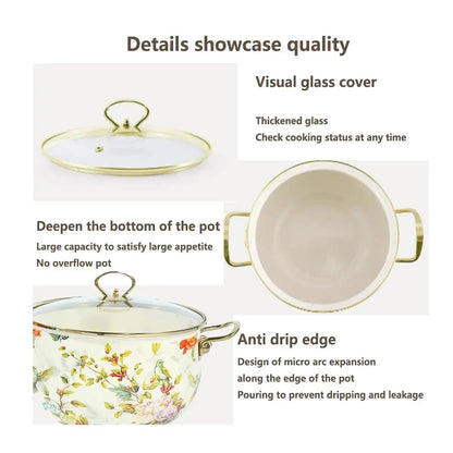 Floral Pattern Ceramic Stockpot, 1 Count Large Capacity Soup Pot Stew Pot with Glass Lid & Metal Handle, Household Cookware for Kitchen by All Mart Bristol Ltd