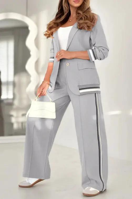 2 Pcs Set Women Suit Coat Pants Suit Lapel Long Sleeves Lady Jacket Wide Leg High Waist Trousers Female Commuting Office Outfit by Dropshipman