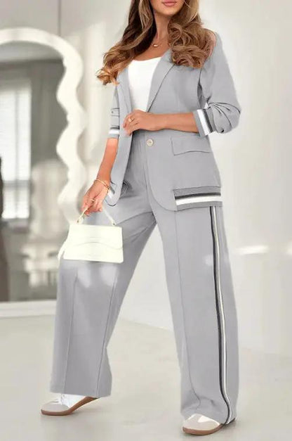 2 Pcs Set Women Suit Coat Pants Suit Lapel Long Sleeves Lady Jacket Wide Leg High Waist Trousers Female Commuting Office Outfit by Dropshipman