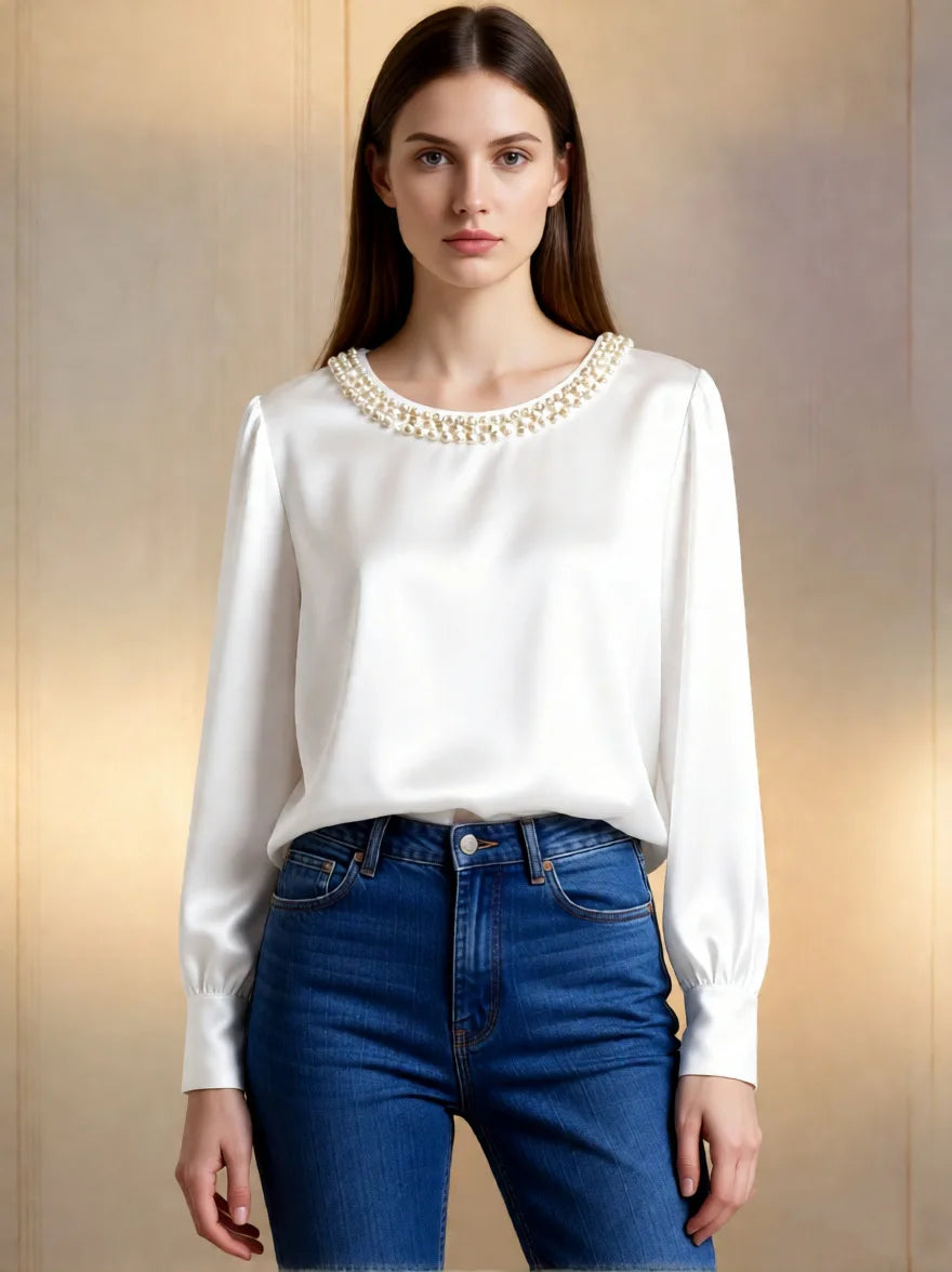 Elegant Beaded Satin Blouse for Women, Loose Fit Long Sleeve Silk Shirt Tops by All Mart Bristol Ltd