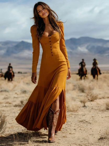 New Arrival Western Style Dress, Buttoned Pleated Long Sleeve Sexy Maxi Dress, Vintage Cross-Border Fashion, Womenswear, Women'S Clothing by All Mart Bristol Ltd
