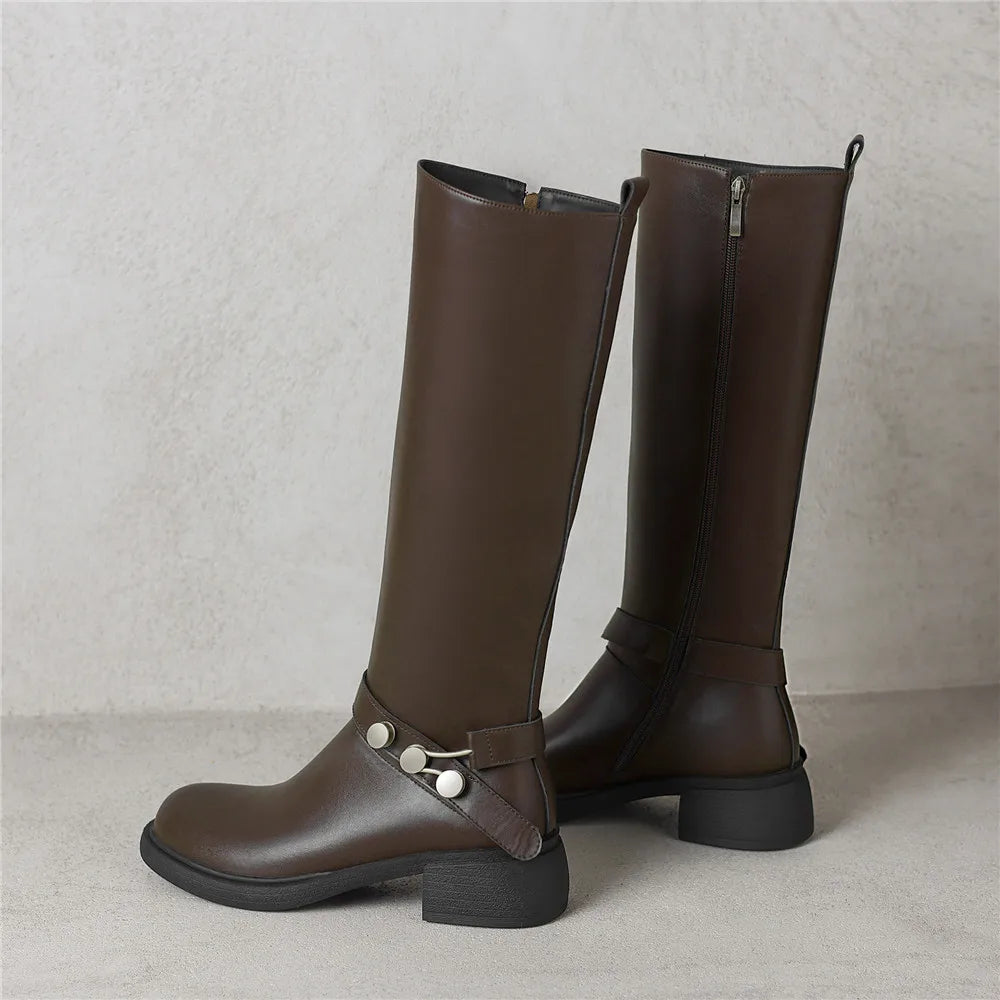 MILI-MIYA New Women's Cowhide Riding Boots Round-Toe Chunky Heel Solid-Colour Knee-High Boots Classic Metal Buckle Detail Handma by All Mart Bristol Ltd