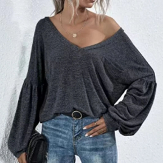 Women's V-neck Solid Color T-shirt Ladies Casual Open Back Pocket Lantern Sleeve Fashion Long Sleeve T-shirt Top by All Mart Bristol Ltd