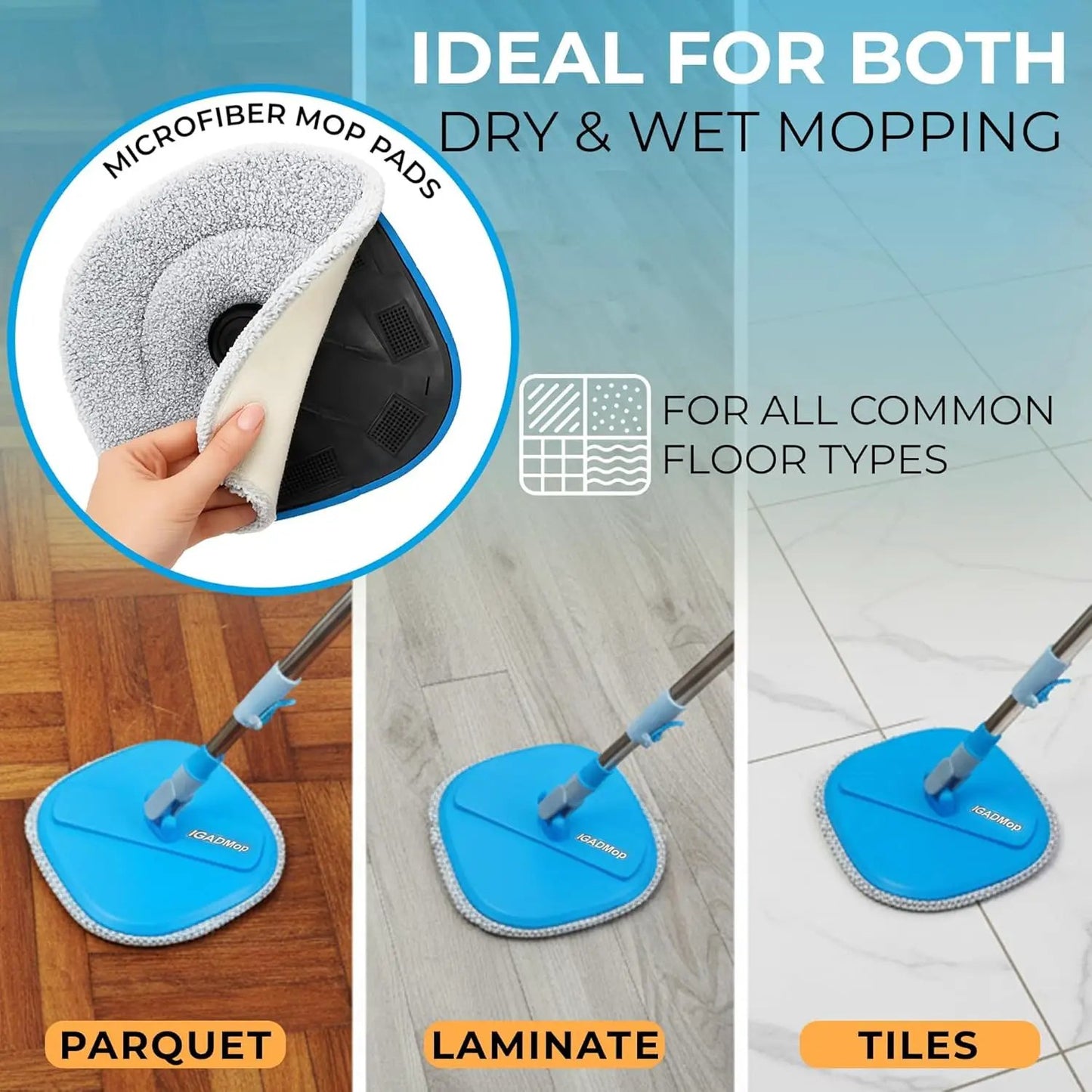 IGADMop Professional Set with Bucket, 2 Chamber System for Separating Dirty and Clean Water, 130 cm Telescopic Handle, 2 Microfibre Mop Pads by IGADPole