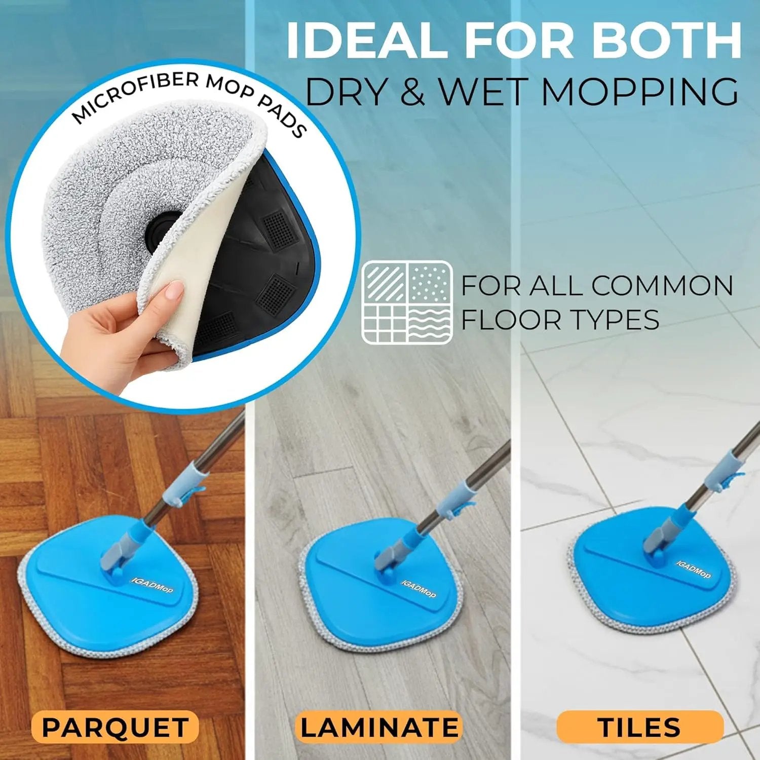 IGADMop Professional Set with Bucket, 2 Chamber System for Separating Dirty and Clean Water, 130 cm Telescopic Handle, 2 Microfibre Mop Pads by IGADPole