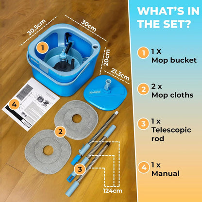 IGADMop Professional Set with Bucket, 2 Chamber System for Separating Dirty and Clean Water, 130 cm Telescopic Handle, 2 Microfibre Mop Pads by IGADPole