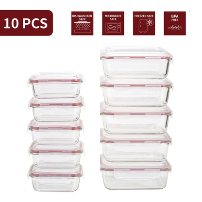 Vinsani Glass Food Storage 10-Pack Containers Rectangle Food Meal Prep Lunch Boxes with Lids Airtight Heat Resistant Leakproof Lid BPA-Free Dishwasher Microwave Oven Freezer Safe by Vinsani