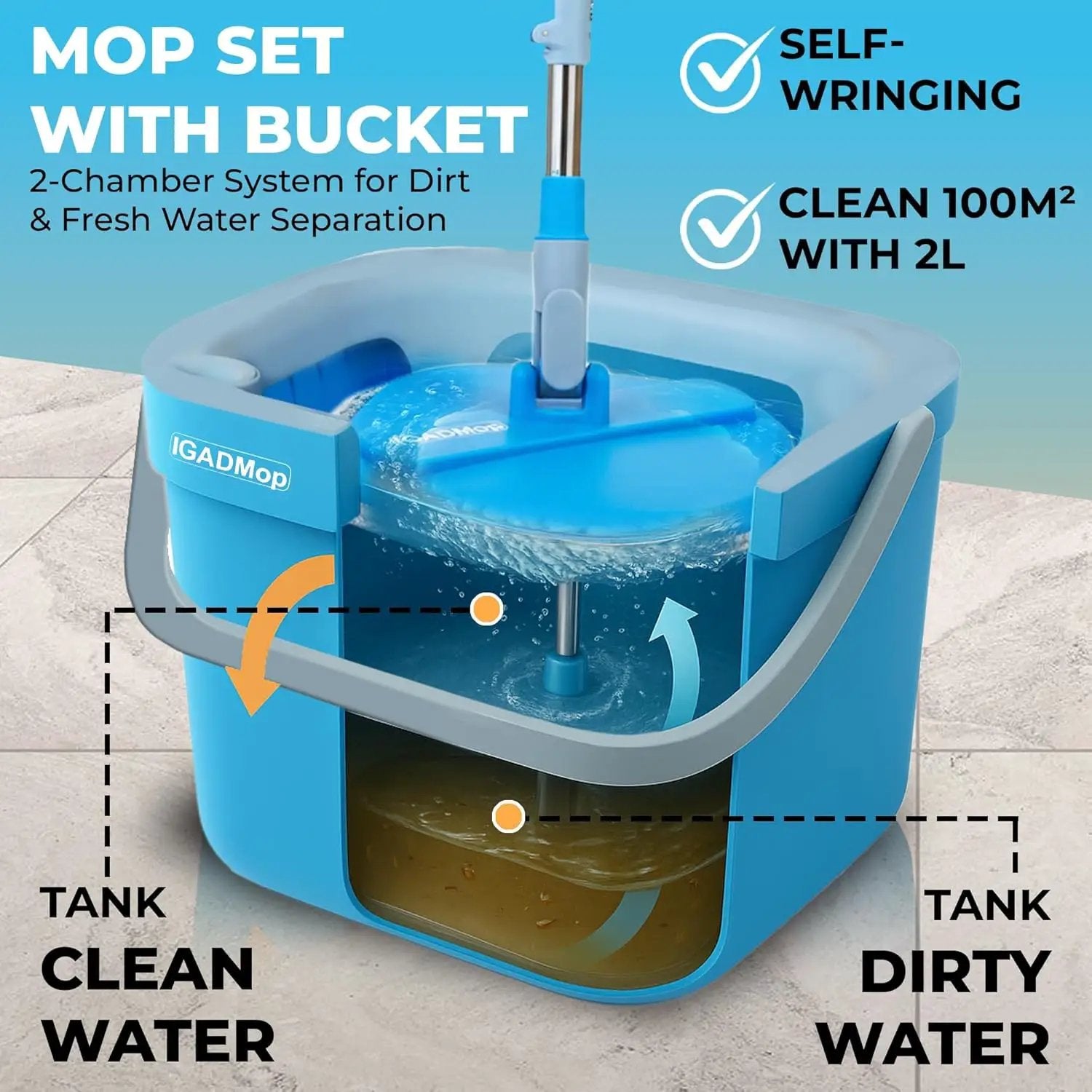 IGADMop Professional Set with Bucket, 2 Chamber System for Separating Dirty and Clean Water, 130 cm Telescopic Handle, 2 Microfibre Mop Pads by IGADPole