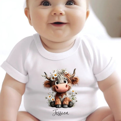 Personalised Daisy Highland Cow Baby Outfit – New Baby Gift for Baby by Aye Do Gifts