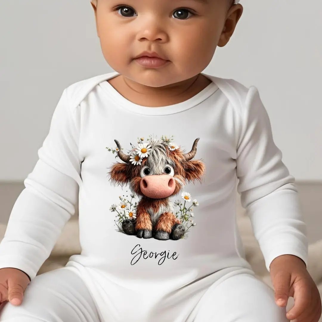 Personalised Daisy Highland Cow Baby Outfit – New Baby Gift for Baby by Aye Do Gifts