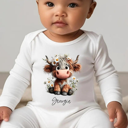 Personalised Daisy Highland Cow Baby Outfit – New Baby Gift for Baby by Aye Do Gifts