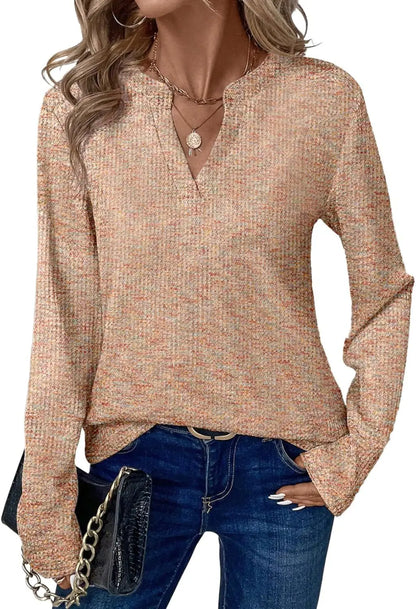 New Womens Notched V-Neck Long Sleeve Space Dye Waffle Knit Blouse Casual Loose Fit Top for Daily Wear by All Mart Bristol Ltd
