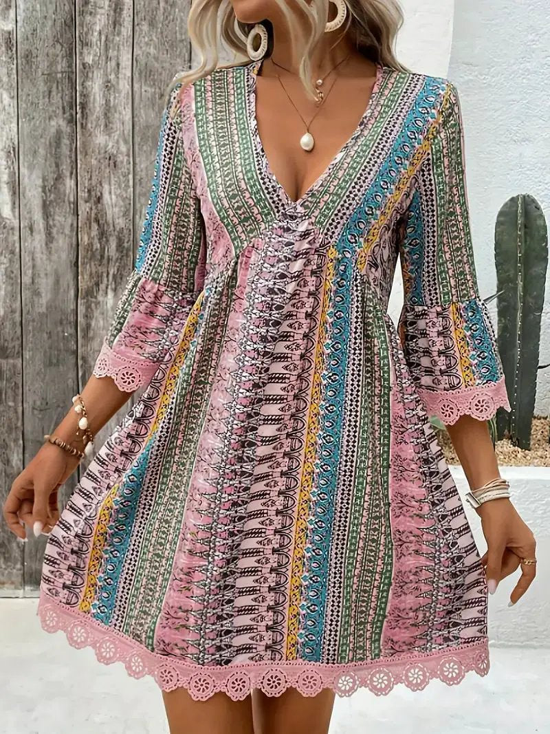 Bohemian Style V-neck Printed Dress Fashion Casual Loose Beach Dresses For Women by Dropshipman