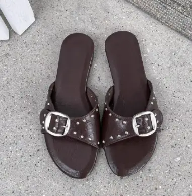 2026 Summer New French Style Buckle Slide Sandals Women Flat Leopard Print Beach Holiday Outdoor Slippers by Dropshipman