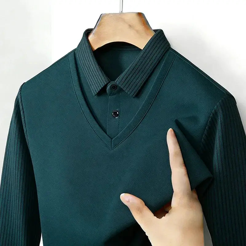 Men's Fake Two Piece Shirt Collar V Neck Long Sleeve Top Khaki Striped Casual Fashion Soft Fabric Daily Wear Blouse by All Mart Bristol Ltd