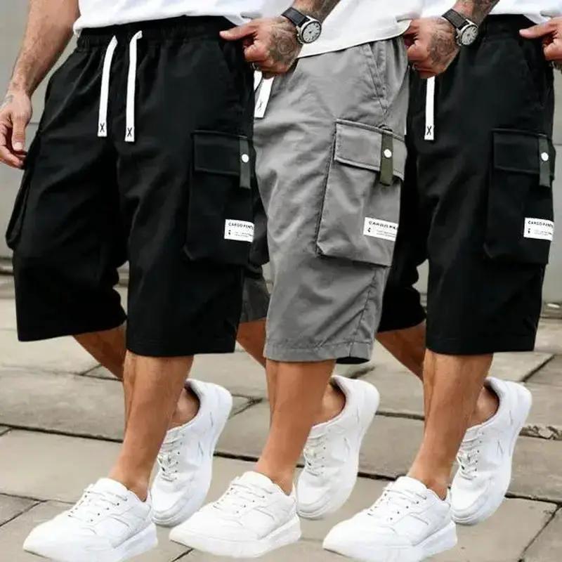 Men'S Summer Casual Cargo Shorts - Elastic Drawstring Waist, Multiple Pockets & Letter Patch Design, Regular Fit Mid-Rise Non-Stretch Fabric for Daily Wear & Leisure Activities, Nontransparent Fabric, Menswear, Minimalist Tiktokshopspringglowup