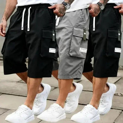 Men'S Summer Casual Cargo Shorts - Elastic Drawstring Waist, Multiple Pockets & Letter Patch Design, Regular Fit Mid-Rise Non-Stretch Fabric for Daily Wear & Leisure Activities, Nontransparent Fabric, Menswear, Minimalist Tiktokshopspringglowup