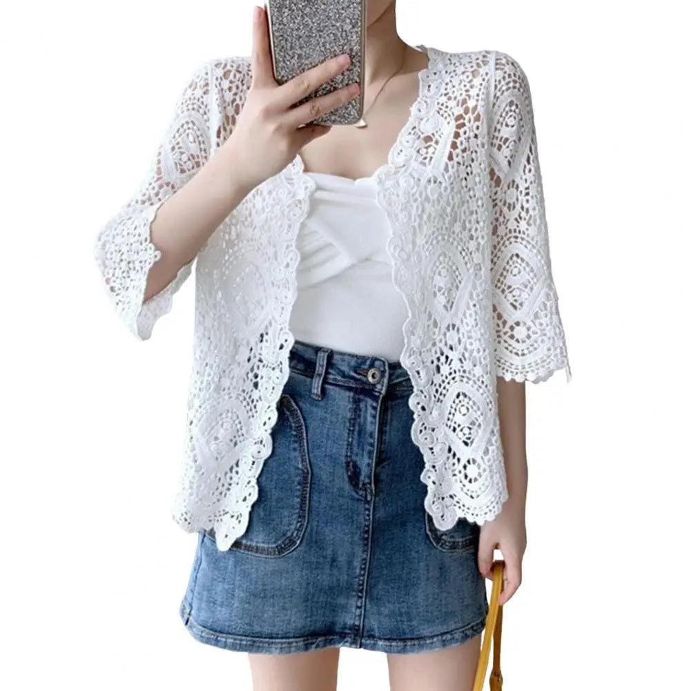 Handcrafted Lace Cardigan Crochet Women Cardigan 2025 3/4 Sleeve Hollow Out Open Front Sheer Sweater Boho Summer Knit Shrug by All Mart Bristol Ltd