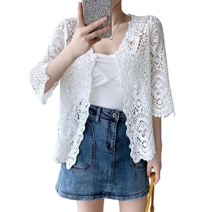Handcrafted Lace Cardigan Crochet Women Cardigan 2025 3/4 Sleeve Hollow Out Open Front Sheer Sweater Boho Summer Knit Shrug by All Mart Bristol Ltd