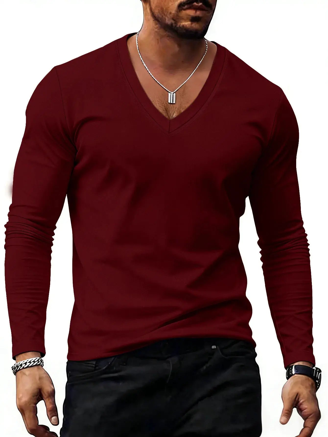 Men V Neck Solid Color Long Sleeve T Shirt Casual Slim Fit Basic Tops for Spring Autumn Daily Wear by All Mart Bristol Ltd