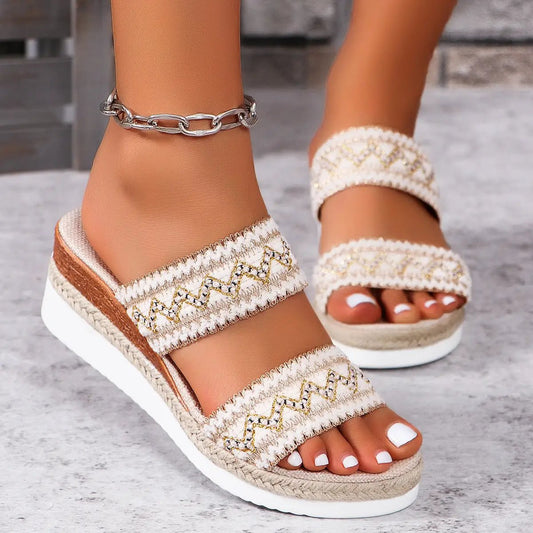 Fashion Wavy Pattern Woven Sandals Summer Casual Ethnic Style Slippers Linen Bottom Wide Strap Wedges Shoes For Women by Dropshipman