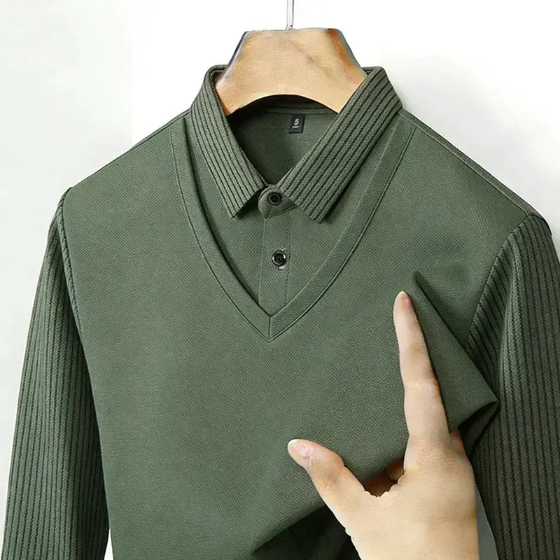 Men's Fake Two Piece Shirt Collar V Neck Long Sleeve Top Khaki Striped Casual Fashion Soft Fabric Daily Wear Blouse by All Mart Bristol Ltd
