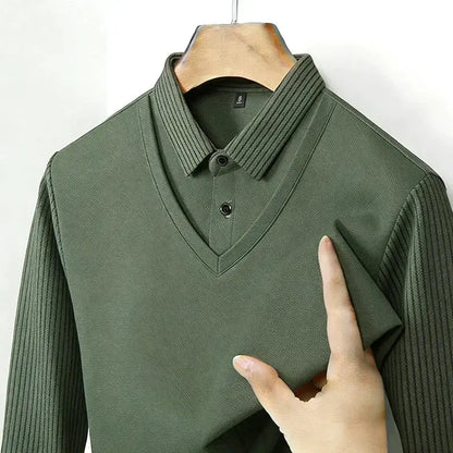 Men's Fake Two Piece Shirt Collar V Neck Long Sleeve Top Khaki Striped Casual Fashion Soft Fabric Daily Wear Blouse by All Mart Bristol Ltd