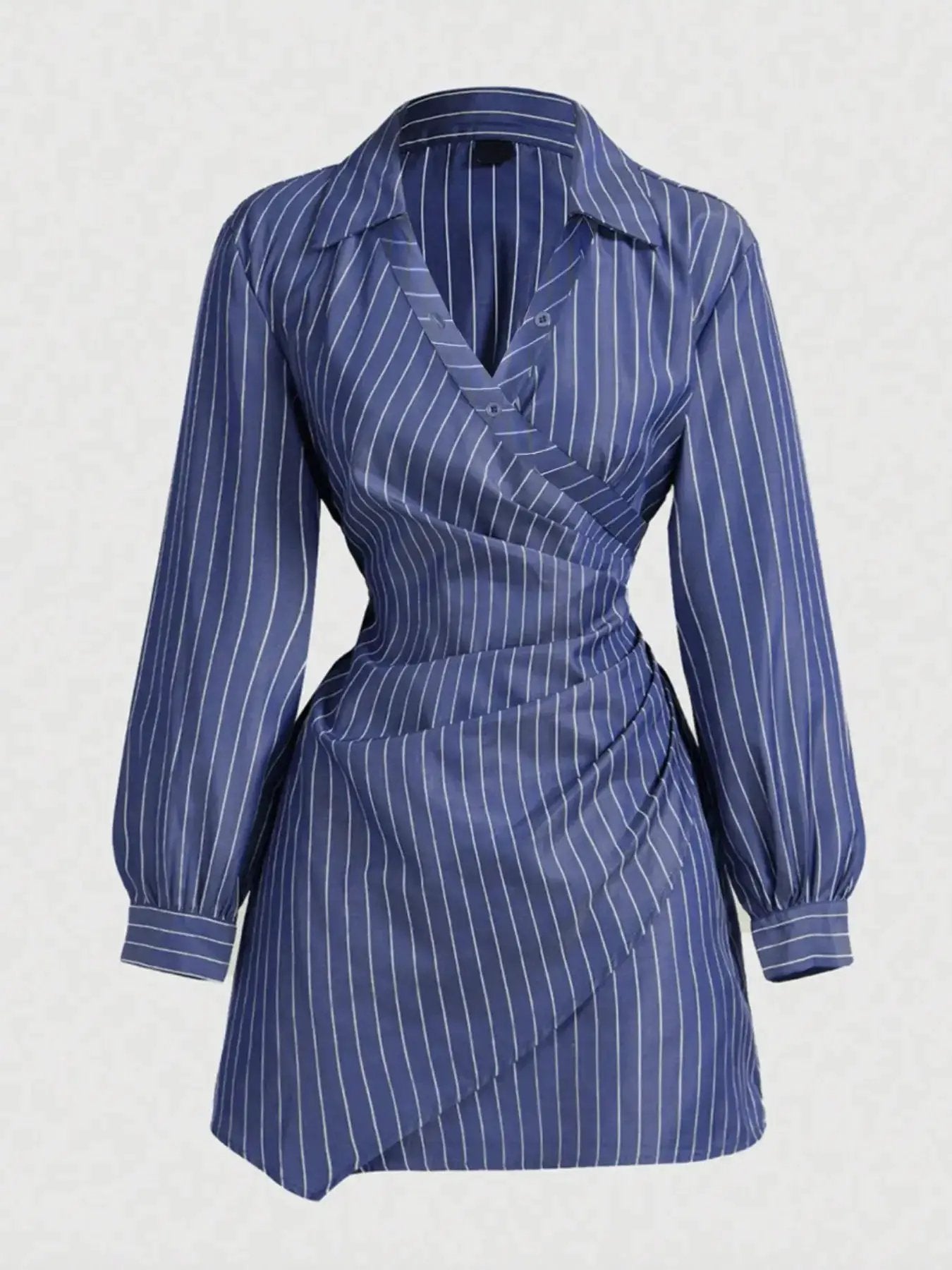 Women'S Plaid Print V-Neck Lantern Sleeve Ruched Fitted Mini Dress, Suitable for Work and School, Formal, Casual Long Sleeves Fitted Waist Stripe Print Shirt Dress by All Mart Bristol Ltd