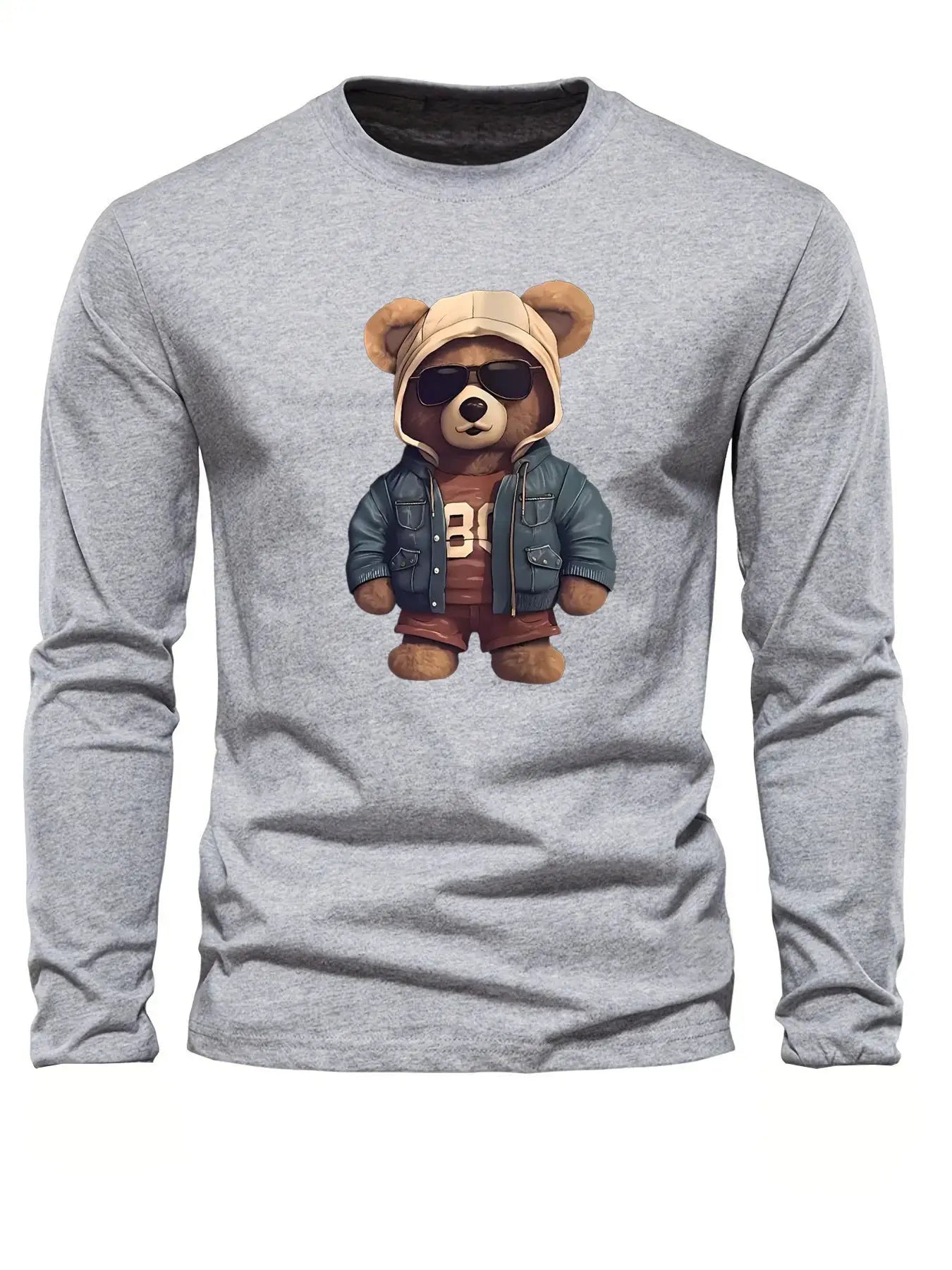 100 cotton men's casual long sleeved round neck loose bear pattern printed autumn and winter T-shirt top versatile by All Mart Bristol Ltd
