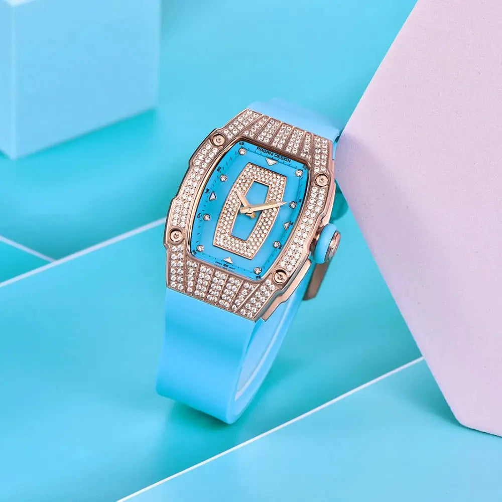 PAGANI DESIGN Top Luxury Diamond encrusted Women's Watch Fashion RubberWaterproof LuminousWine Bucket Case Women'sWatch+Gift Box by All Mart Bristol Ltd