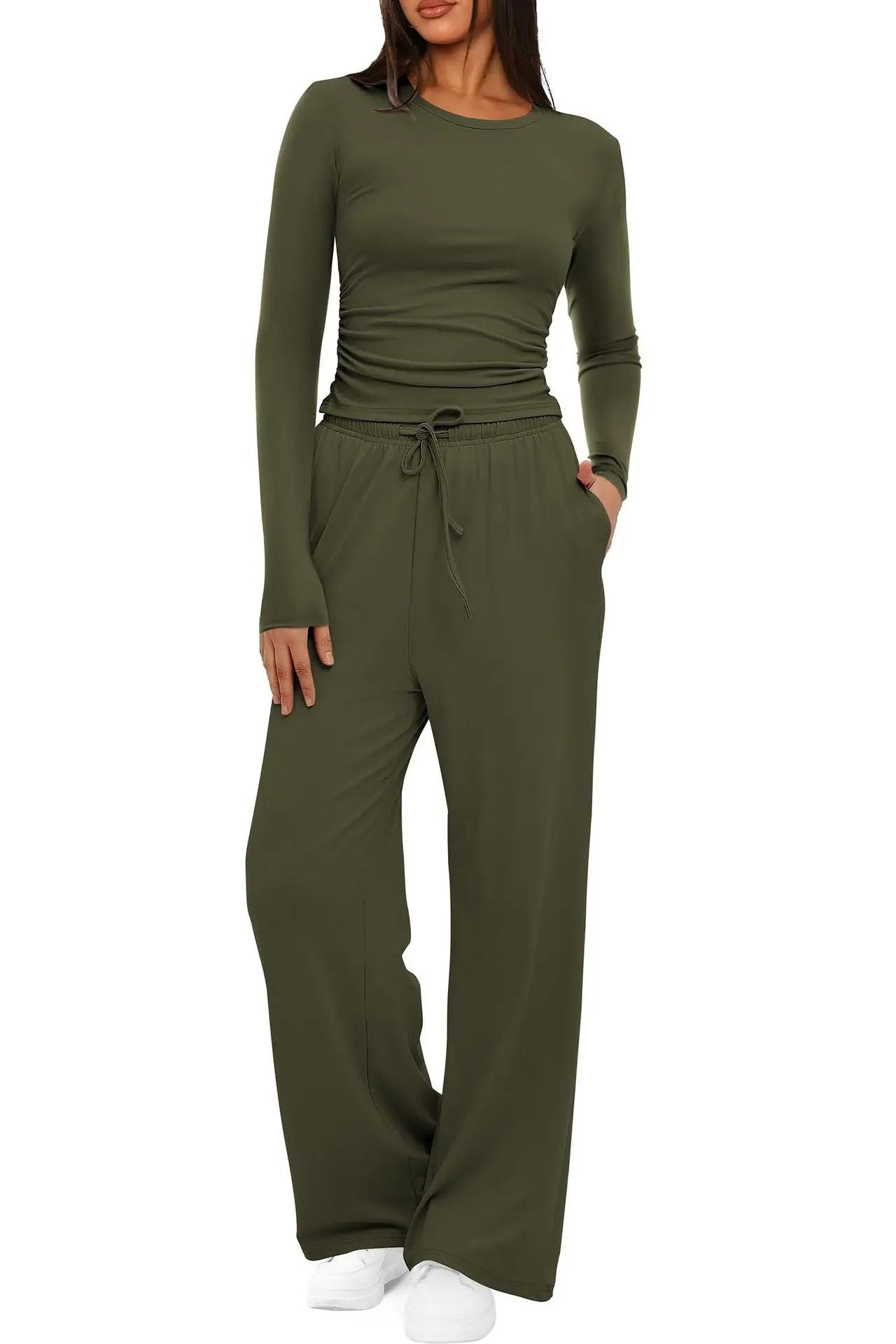 2 Pieces Women's Suit Autumn Winte Long Sleeve Tops High Waisted Wide Leg Pants Sportswear Female Clothes Solid Color Casual Suit by Dropshipman