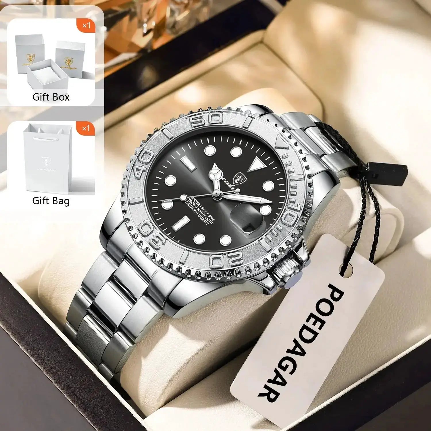 POEDAGAR Trendy Sport Man Watch Luminous Waterproof Stainless Steel Date Men Wristwatch Luxury Business Men's Quartz Watches+Box by All Mart Bristol Ltd