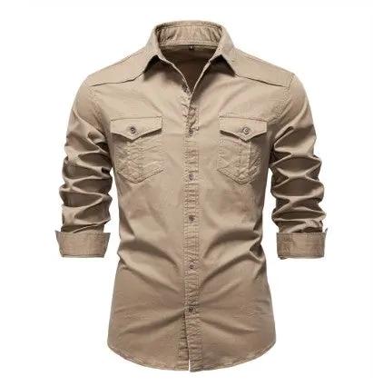 Men's Long-sleeved Denim Shirt Casual Solid Button Slim Tops Clothing by Dropshipman