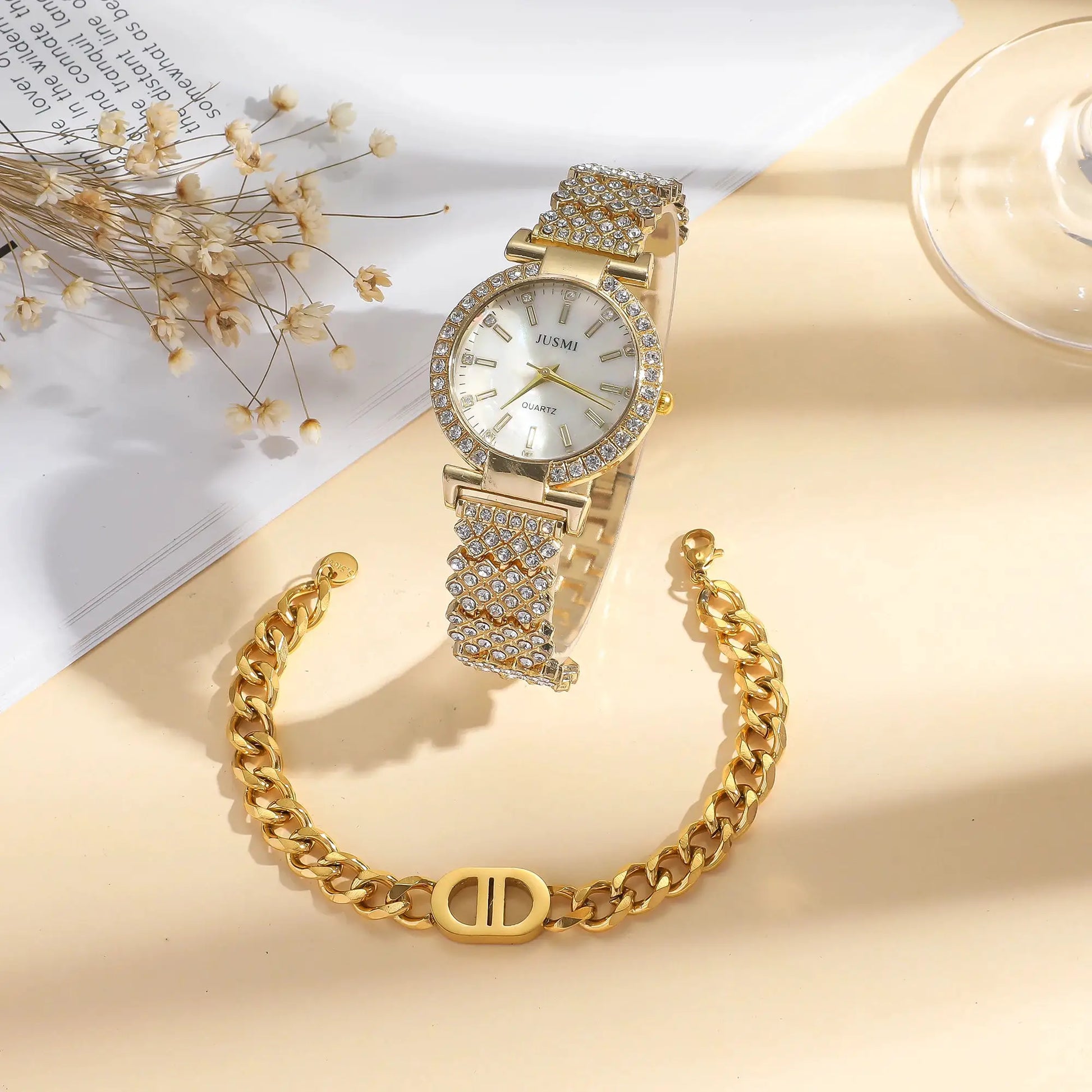 2pcs/set Simple round diamond inlaid ladies quartz watches simple bracelet jewelry sets suitable for holiday gifts by All Mart Bristol Ltd