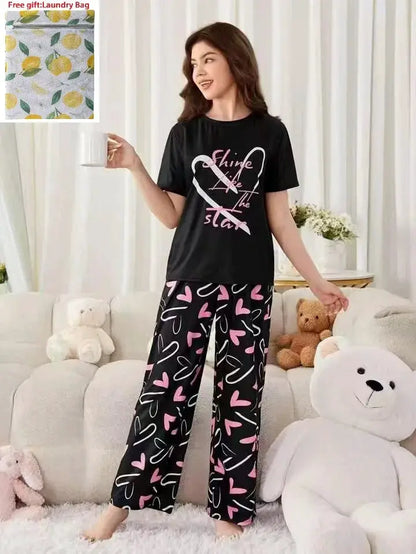 Women's Summer New Arrival Short Sleeve Sweatpants Thinner Simple Heart Casual Home Wear for Outdoor Wear Pajama by All Mart Bristol Ltd
