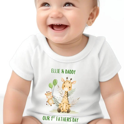 Personalised Our 1st Fathers Day Giraffe Baby Outfit: Bib, Vest, Grow by Aye Do Gifts