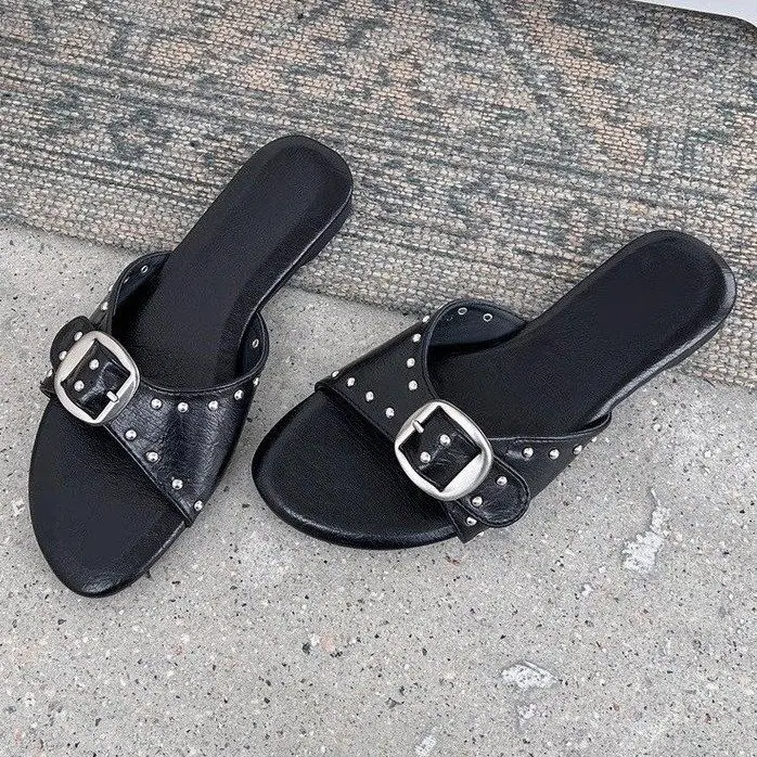 2026 Summer New French Style Buckle Slide Sandals Women Flat Leopard Print Beach Holiday Outdoor Slippers by Dropshipman