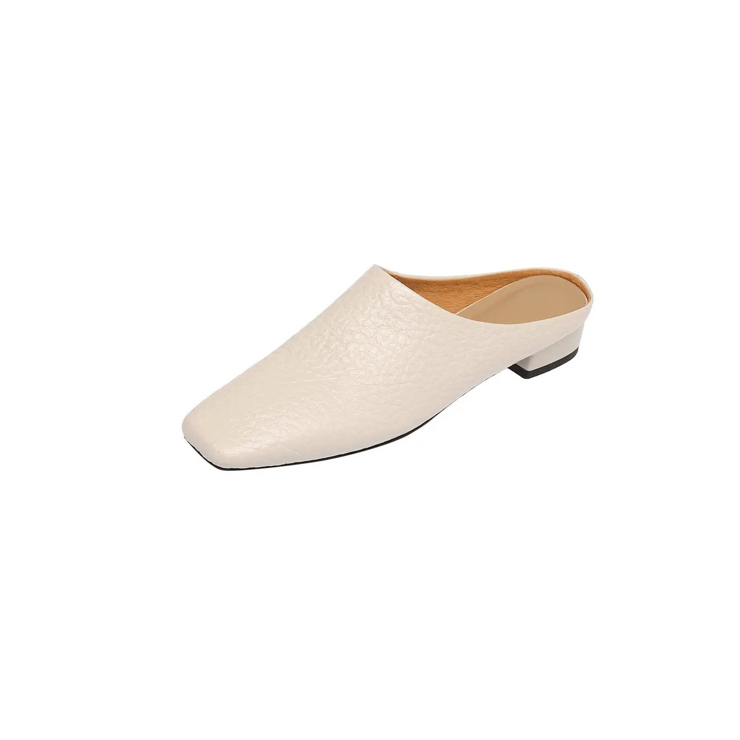 Women's Premium Full-Grain Cowhide Square Toe Mules, Low Block Heel Slip-On Backless Shoes by Dropshipman