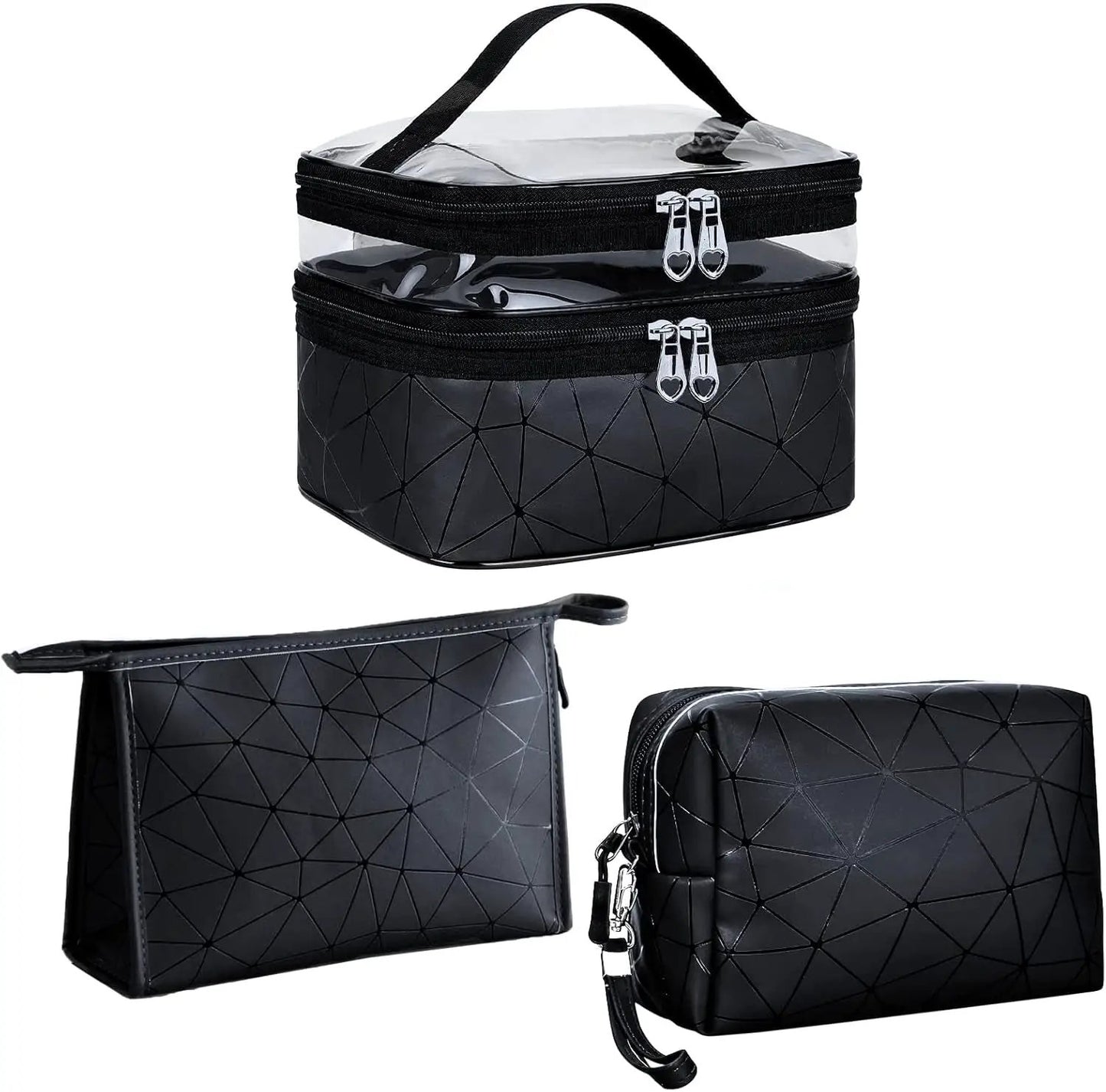 Stylish 3-Piece Makeup Bag Set - Double Layer Cosmetic Organizer + 2 Travel Toiletry Bags with Diamond Pattern for Men and Women (Black) by All Mart Bristol Ltd