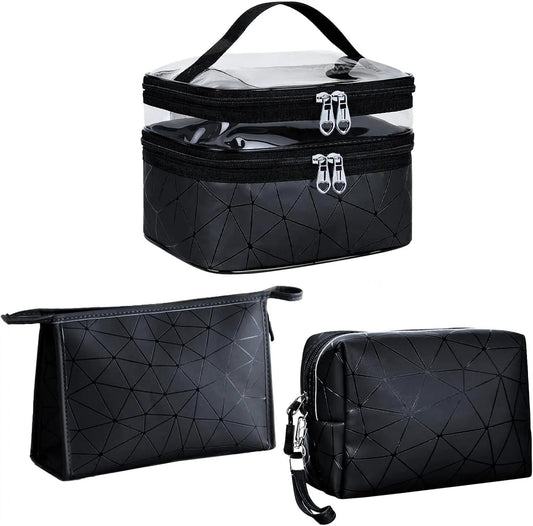 Stylish 3-Piece Makeup Bag Set - Double Layer Cosmetic Organizer + 2 Travel Toiletry Bags with Diamond Pattern for Men and Women (Black) by All Mart Bristol Ltd
