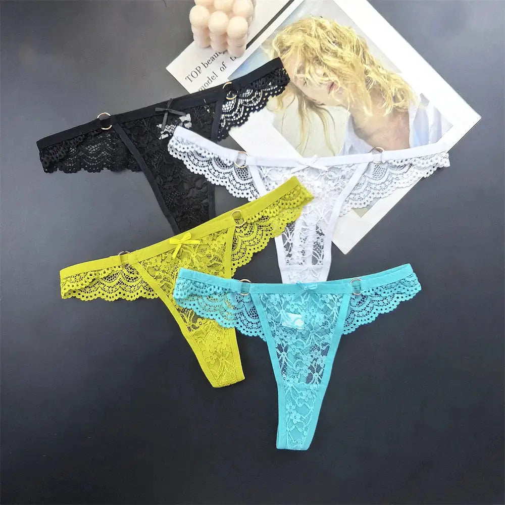 4Pcs Sexy Lace Thong Panties Women Low Rise Transparent Lingerie Set Plus Size by All Mart Bristol Ltd