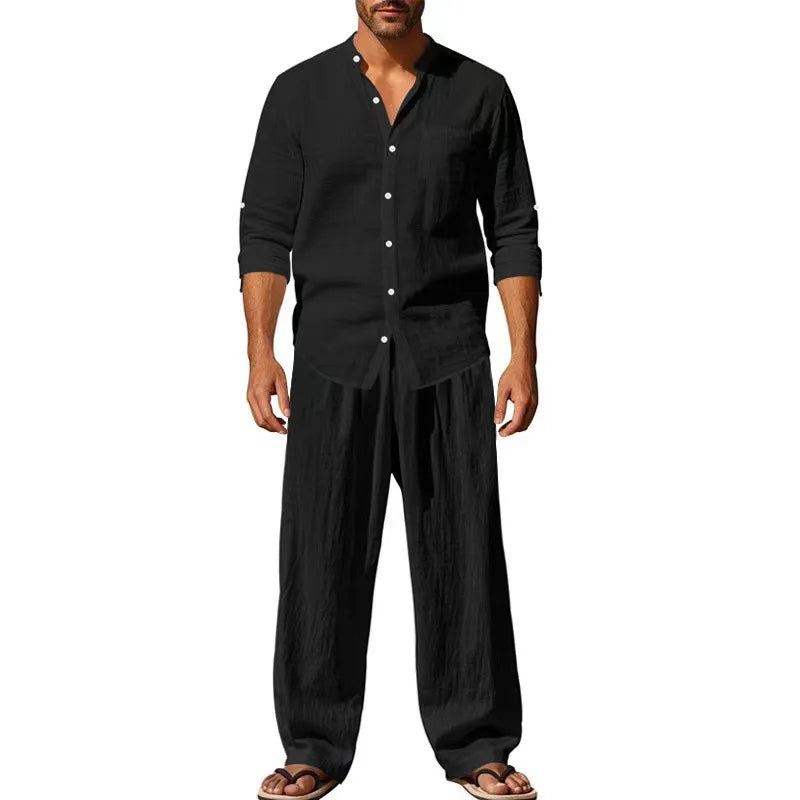2026 Four Seasons Linen Men's Casual Loose Breathable Long Sleeve Pants Shirt Set by All Mart Bristol Ltd
